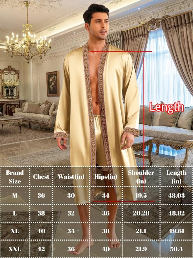 ChiaoLezhee Mens Satin Bath Robe with Shorts Set, Silk Paisley Kimono Lightweight, Soft Long Sleeve Sleepwear