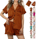 WJing Yi Jia Womens 3Pcs Floral Pajamas Sets Silk Satin Sleepwear XS~4XL Button Down Short Sleeve Shirt Pjs Loungewear