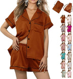 WJing Yi Jia Womens 3Pcs Floral Pajamas Sets Silk Satin Sleepwear XS~4XL Button Down Short Sleeve Shirt Pjs Loungewear