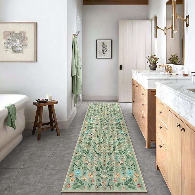 Lahome Chloe Insect Botanical 2'6"x10' Green Runners for Hallways,Non Slip Washable Kitchen Bathroom Runner Rug,Soft Non Skid Indoor Rugs for Entryway Laundry Bedroom(Green,2'6"x10')