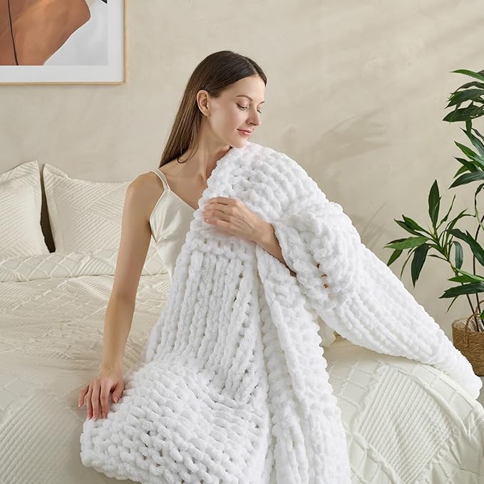 Soft Knitted Throw Blanket - 50x60 Inch Cozy & Lightweight All-Season Blanket, Wrinkle-Resistant Polyester for Couch, Bed, Sofa, Reading Nook (White)