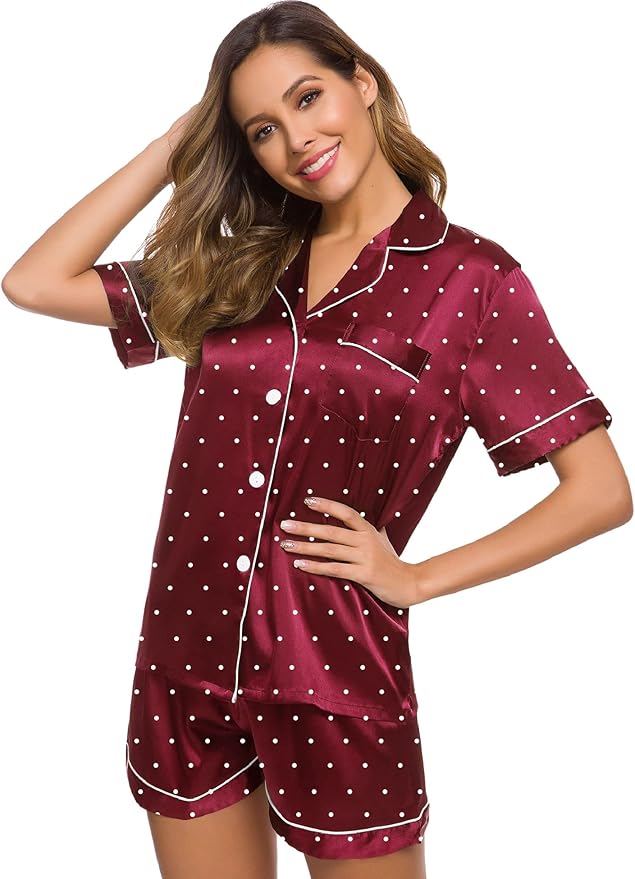 SWOMOG Womens Silk Satin Pajamas Set Short Sleeve Sleepwear Button Down Top and Shorts Loungewear 2 Piece Pjs Set XS-3XL