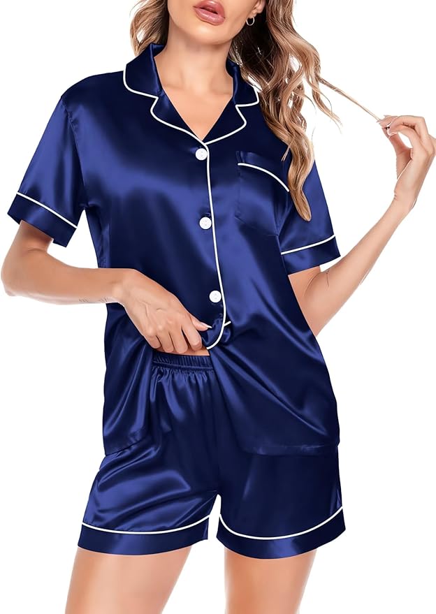 SWOMOG Satin Matching Pajamas Sets Couple Silk Button Down Nightwear Women & Men Short Sleeve Sleepwear 2 Pieces Loungewear