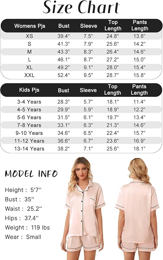 Girls & Womens Satin Pajamas Set, Silk Button-Down Sleepwear 2 Piece Nightwear, 3 Years - Women XXL