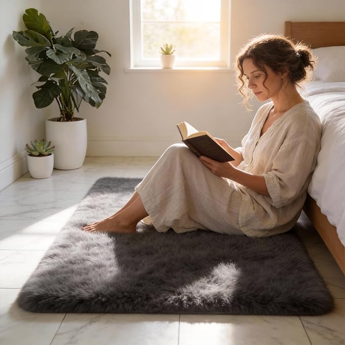Shag Grey Rug 4x6 Area Rugs for Bedroom Dorm Living Room, Non-Slip Ultra Soft Fluffy Area Rugs for Kids Room, Girls Room, Study, Office, Playroom, Easy to Clean, Modern Carpet Décor