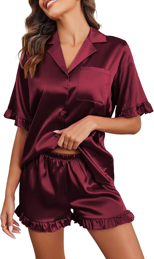 Ekouaer Satin Pajama Set for Women Button Down Silk 2 Piece Pj Sets Ruffle Short Sleeve Sleepwear