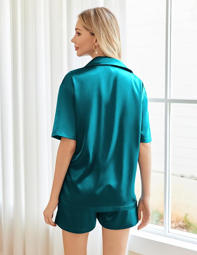 Ekouaer Pajamas for Women Silk Satin Pjs Soft Sleepwear Short Sleeve Button Down Pjs Top and Shorts 2 Piece Lounge Set S-XXL