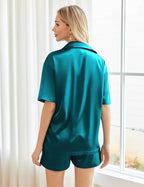 Ekouaer Pajamas for Women Silk Satin Pjs Soft Sleepwear Short Sleeve Button Down Pjs Top and Shorts 2 Piece Lounge Set S-XXL