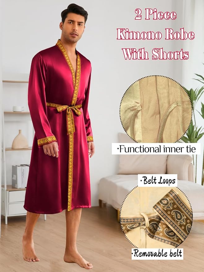 ChiaoLezhee Mens Satin Bath Robe with Shorts Set, Silk Paisley Kimono Lightweight, Soft Long Sleeve Sleepwear