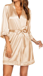 Ekouaer Women's Lace-Trim Silk Robes Bride Bridesmaid Kimono Satin Bathrobe V Neck Sleepwear with 3/4 Sleeve