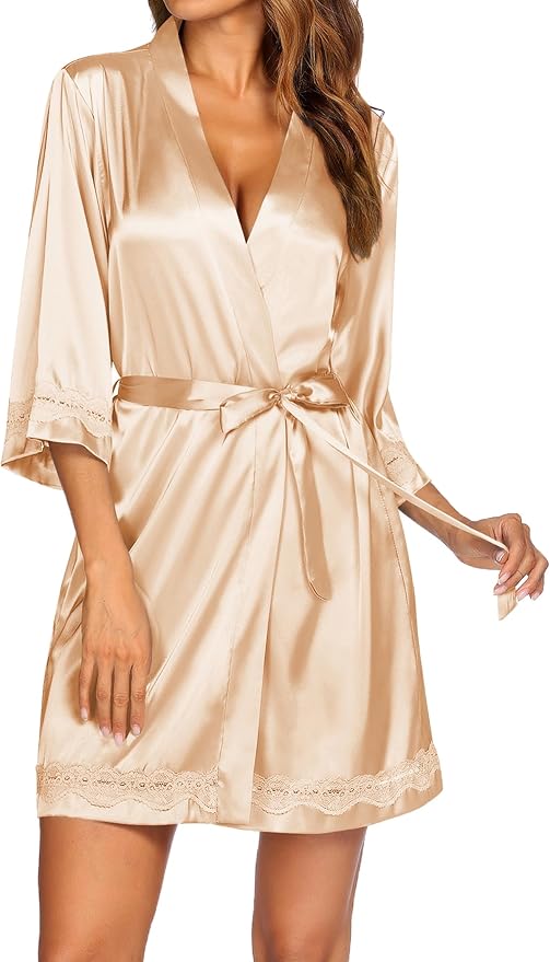 Ekouaer Women's Lace-Trim Silk Robes Bride Bridesmaid Kimono Satin Bathrobe V Neck Sleepwear with 3/4 Sleeve