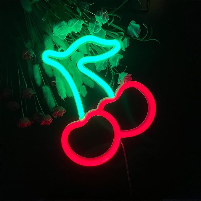 ENUOLI Cherry Light Neon Signs,Fruit Decorative Art Cherry Neon Lights for Wall Decor LED Signs for Bedroom,USB or Battery LED Light Up Signs for Christmas,Birthday,Wedding Party,Kids Room,Home Decor(Cherry)