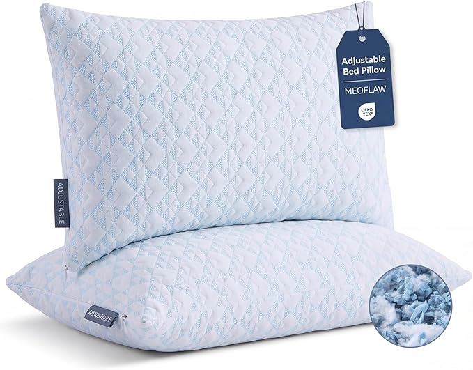 Meoflaw Adjustable Memory Foam Bed Pillows:King Size Shredded Foam Pillow Set of 2 for Sleeping with Removable & Washable Pillowcase for Back,Side & Stoamch Sleeper-Medium Firm