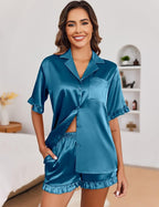 Ekouaer Satin Pajama Set for Women Button Down Silk 2 Piece Pj Sets Ruffle Short Sleeve Sleepwear