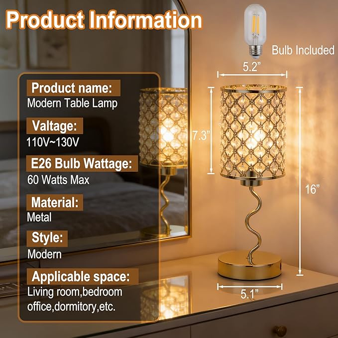 EOEYYOYB Crystal Table Lamp with 3 Way Dimmable Touch Control, Nightstand with USB A+C Ports, Modern Bedside Touch Lamp for Bedroom, Living Room, Office Reading, Gold