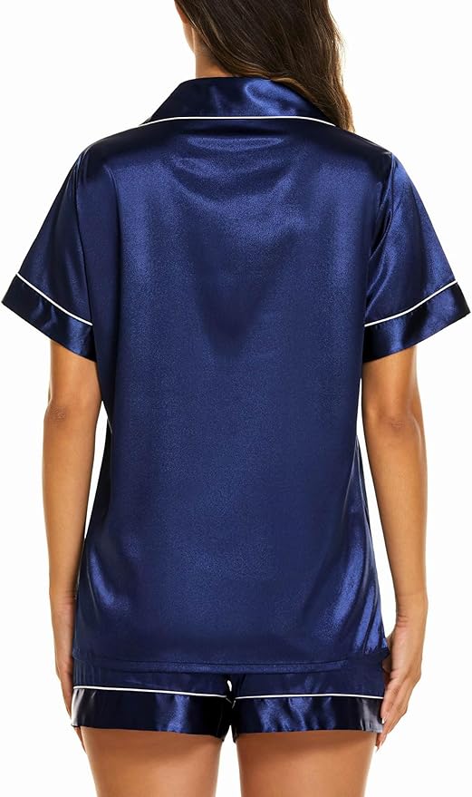 Ekouaer Silk Pajamas for Women Short Sleeve Sleepwear Soft Button Down Loungewear 2 Piece Satin Pjs Shorts Set