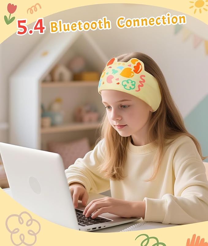 LC-dolida Kids Headband Headphones Sleep Headphones Bluetooth Headband- Comfortable Fit - Safe Volume Limited for Boys & Girls Children Learning, Sleep and Airplane (Yellow)