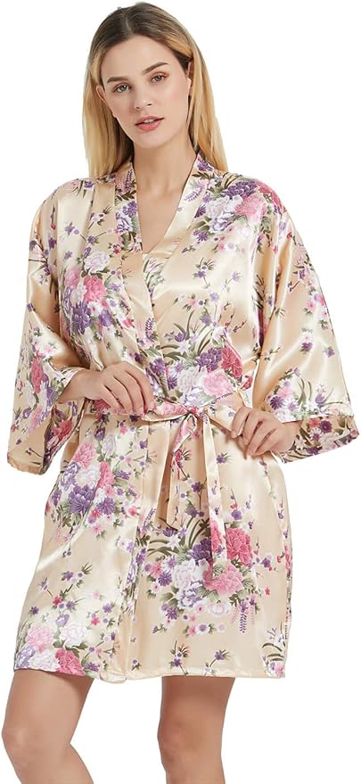 Women's Satin Robes Floral Bridesmaid Robes Short Silk Kimonos Sleepwear