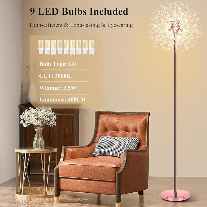 BesLowe 69'' Crystal Floor Lamp for Living Room, Modern Standing Lamp with 738PCS K9 Crystals, Tall Lamp Pole Light for Bedroom Office, Mid Century Floor Lighting with 9 LED Bulbs, Rose Gold