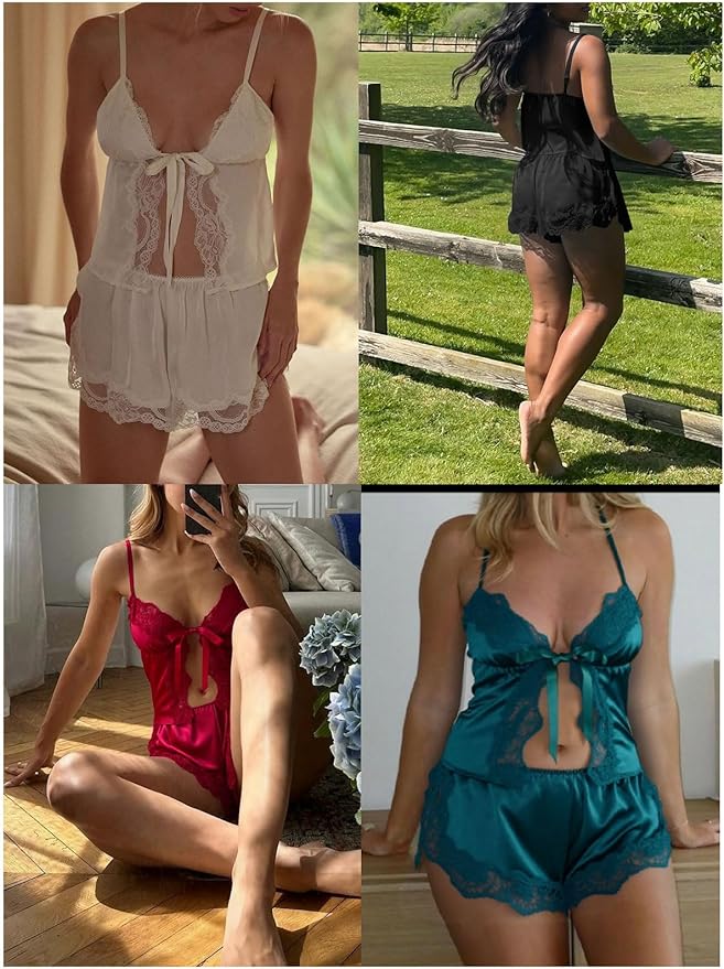 Kolagri Womens Sexy Front Tie Pajamas Lingerie Set Ruffle V Neck Lace Sleepwear Cami Shorts Set Nightwear