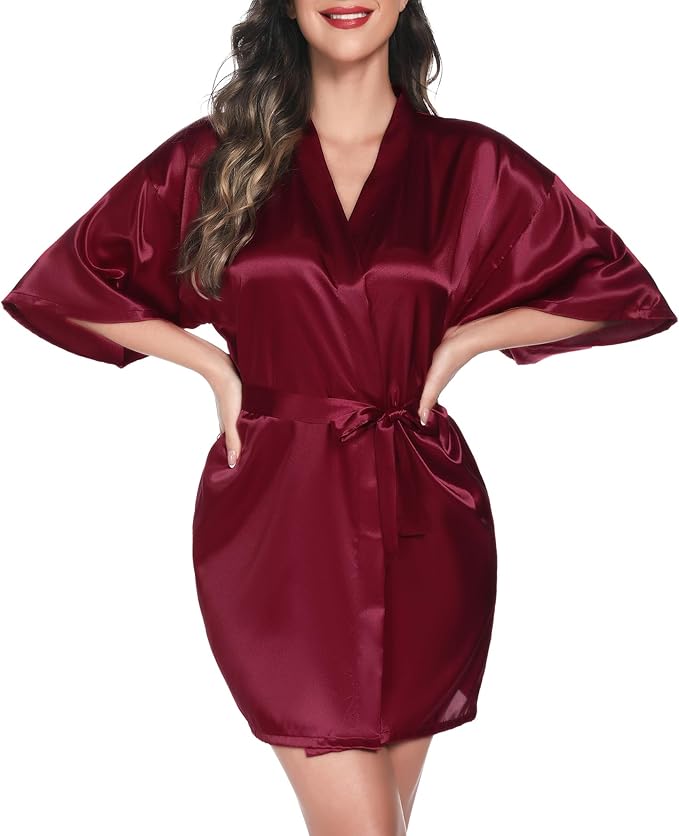 Vlazom Womens Kimono Robes Dressing Gown Satin Bathrobe Nightdress Short Style Bridal Robe