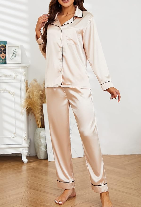 U2SKIIN Women Silk Pajamas Set, Long Sleeve Satin Pajamas for Women Sleepwear Button Down Pjs Set Two-piece