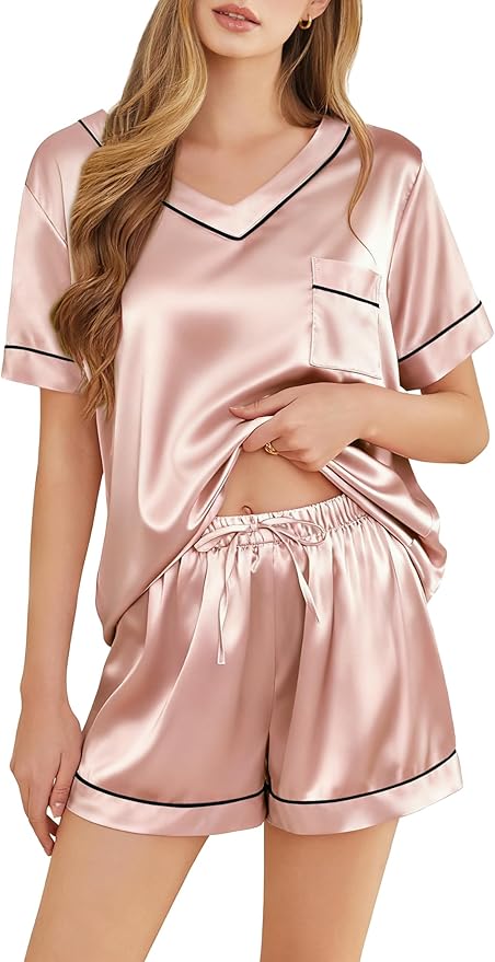 Silk Pajamas for Women Short Sleeve Satin 2 Piece Pj Set Soft V Neck Sleepwear Loungewear, S-XXL