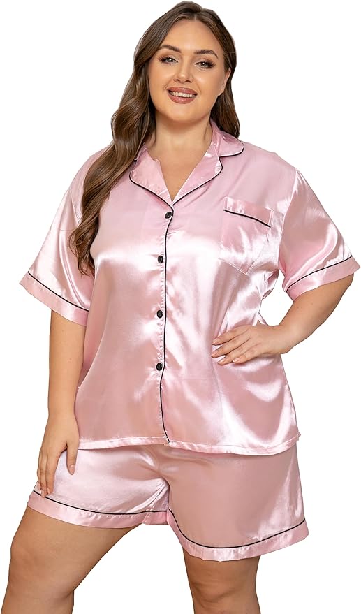 Vozanet Women's Short Sleeve Satin Pajama Sets Silky Ladies Button Down Loungewear Plus Size Nighty Shorts Sets XL to 5XL