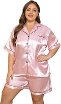 Vozanet Women's Short Sleeve Satin Pajama Sets Silky Ladies Button Down Loungewear Plus Size Nighty Shorts Sets XL to 5XL