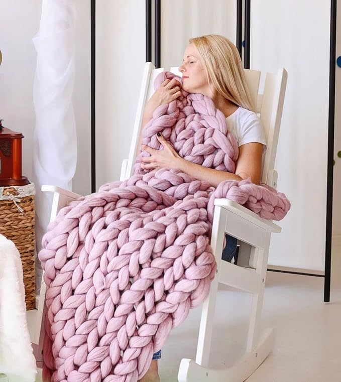 Chunky Knit Blanket, Boho Throw Blanket for Couch, Throw Blanket Knit Bed Scarf, Knitted Blanket, Supernatural Blanket, Wool Blanket for Home Decor or Gifts (Dusty Pink, 54"x75")