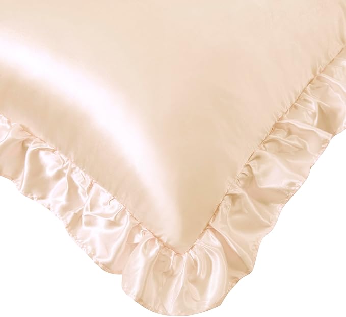 Silky Satin Ruffled Pillow Cases for Hair and Skin,Champagne Silk Pillowcases King Set of 2 with Envelope Closure Princess Room