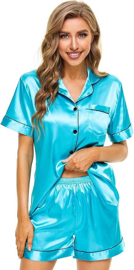 LecGee Womens Silk Satin Pajamas Short Sleeve Loungewear Two-Piece Sleepwear Button-Down Pj Set