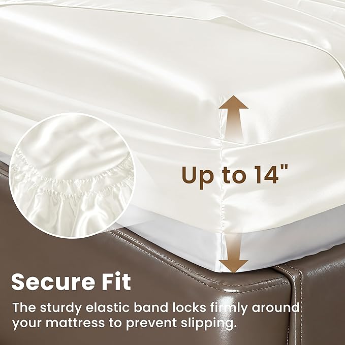 Love's cabin Twin XL Satin Sheet Sets - 3 Piece Ivory Silky Bed Sheets with Deep Pockets, Luxury Silk Feel Satin Sheet Set Twin XL (1 Flat Sheet,1 Fitted Sheet,1 Pillow case)