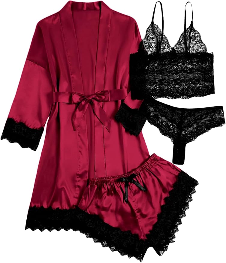 WDIRARA Women' Silk Satin Pajamas Set 4pcs Lingerie Floral Lace Cami Sleepwear with Robe