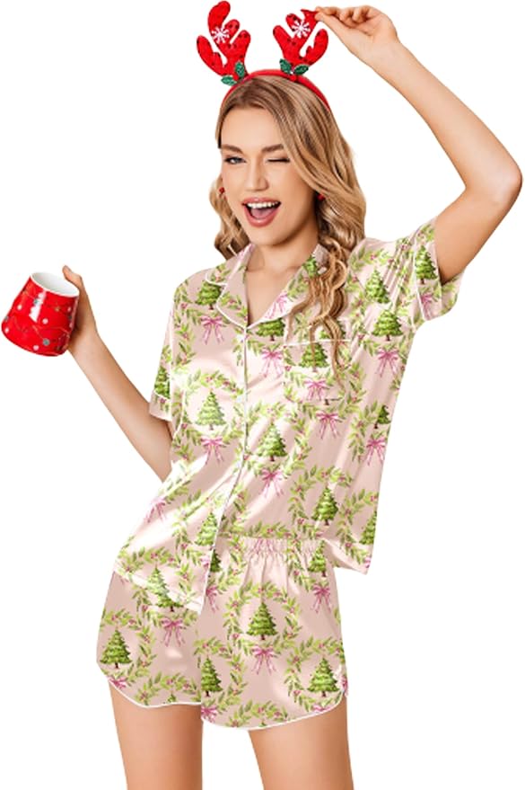 Ekouaer Womens Silk Satin Pajamas Set Short Sleeve Sleepwear Button Down Loungewear 2 Piece Pjs Shorts Set S-5X Plus Size