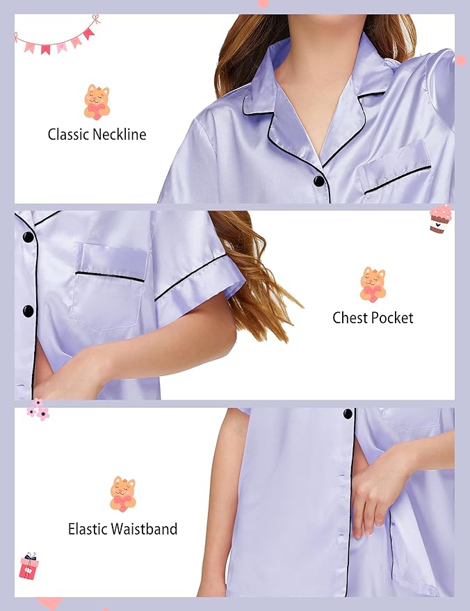 EPLAZA Kids Satin Pajamas Sets Girls Boys Button-Down Silky Pajamas Sleepwear with Hairband Eye Mask Hair Tie