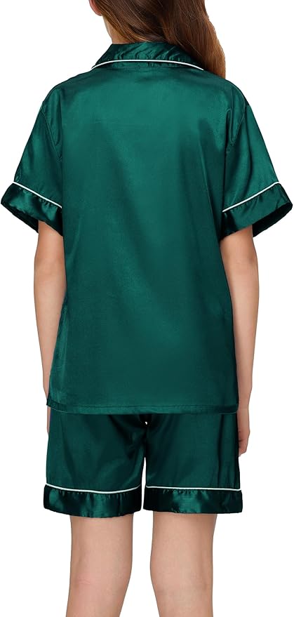 EPLAZA Kids Satin Pajamas Sets Girls Boys Button-Down Silky Pajamas Sleepwear with Hairband Eye Mask Hair Tie