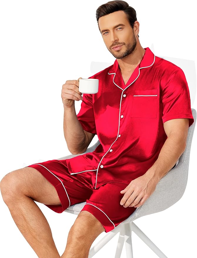 Ekouaer Mens Pajamas Set Silk Satin Sleepwear Short Sleeve Button Down Pjs Set 2 Piece Loungewear with Pockets S-XXL