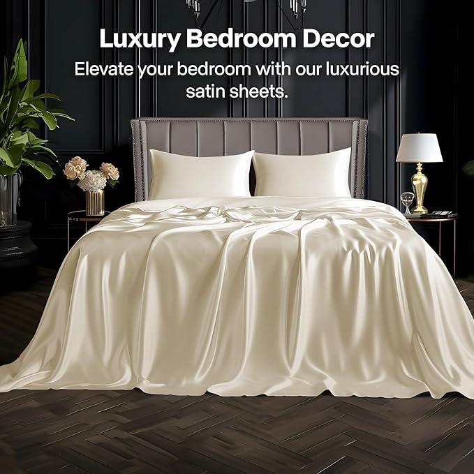 BEDELITE King Size Sheets Set, Luxury Soft Beige Satin Sheets for Hair and Skin, Similar to Silk Bed Sheets Set 4 Pieces with 1 Deep Pocket Fitted Sheet, 1 Flat Sheet, and 2 Pillowcases