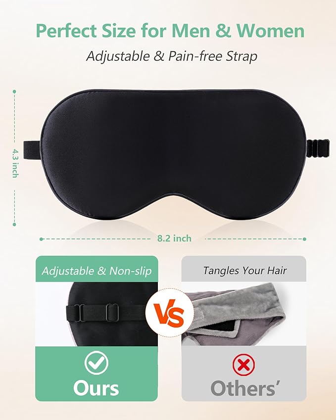 BeeVines 100% Real Mulberry Silk 2 Pack Sleep Mask, Pure Silk Eye Masks with Adjustable Strap for Sleeping, 100% Block Light Eye Shade Cover, Reduces Puffy Eyes Traveling Gifts(Black & Rich Purple)