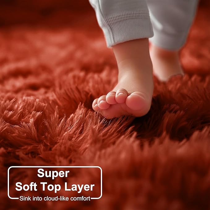 Amdrebio Terracotta Rust Area Rugs for Bedroom Living Room, 6x9 Shaggy Furry Fuzzy Fluffy Rug for Kids Room Decor Aesthetic, Large Cute Plush Shag Rustic Carpet for Nursery Dorm Classroom Playroom