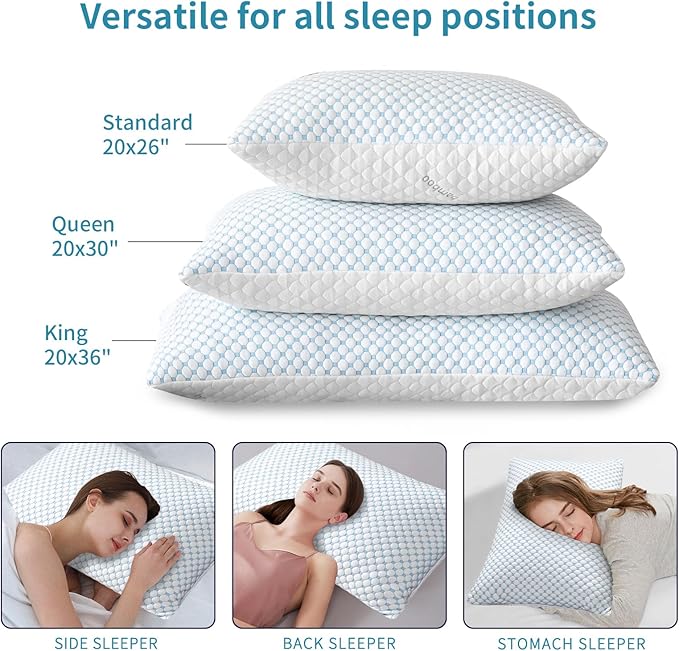 Cooling Shredded Memory Foam Pillow Queen Size - Adjustable Loft for Back & Side Sleepers, Breathable & Supportive Bed Pillow with Removable Washable Cover Queen(Pack of 2)