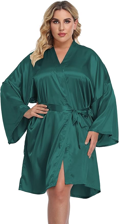 Women's Plus Size Satin Kimono Robes Short Silk Bathrobe Bridesmaid Wedding Party Nightgown Sleepwear