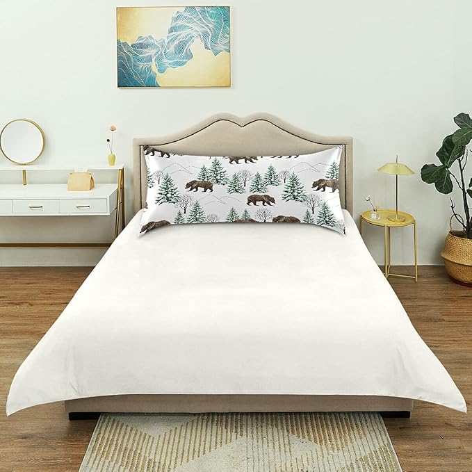 Bear Print Satin Pillowcase Queen Size, Winter Forest Silk Pillow Case with Envelope Closure, Satin Pillowcase for Hair and Skin, 20x30 inches, White, 1 PC