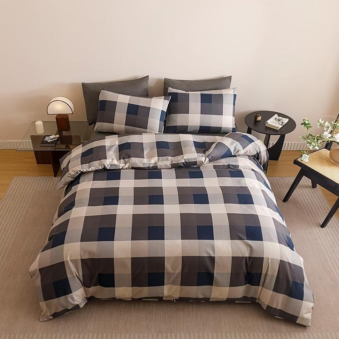 Luxlovery Checkered Blue Comforter Set Full Plaid Comforter Boys Men Gingham Grid Bedding Set Fluffy Soft Cottagecore Khaki and Blue Blanket Quilts with 2 Pillowcases Full Bed