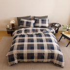 Cottonight Checkered Navy Comforter Set Queen Men Gingham Grid Bedding Set Navy and Khaki Grid Comforter Fluffy Soft Blanket Quilts Modern Cottagecore Comforter with 2 Pillowcases for Queen Bed