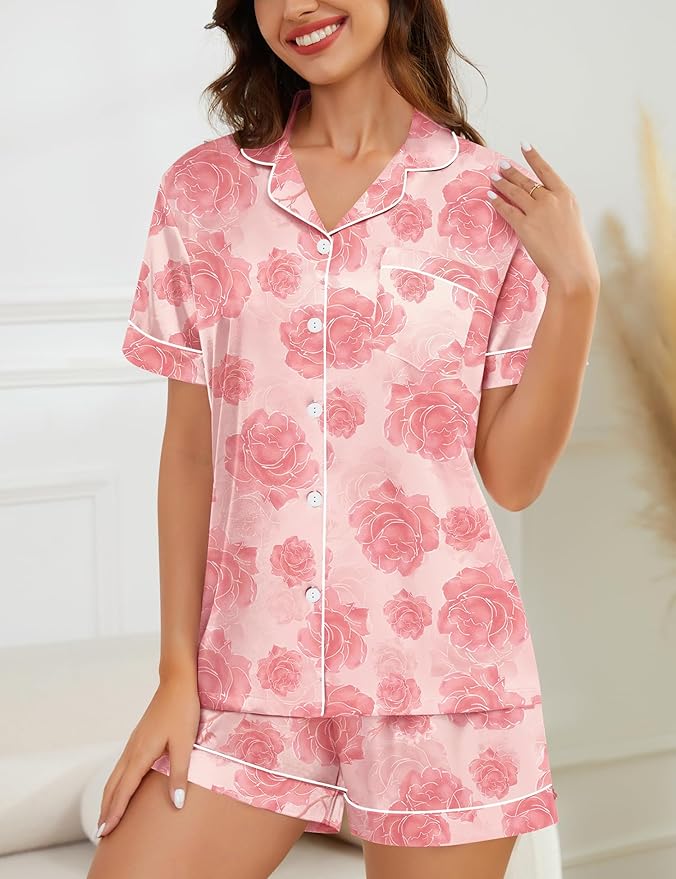 SWOMOG Womens Silk Satin Pajamas Set Short Sleeve Sleepwear Button Down Top and Shorts Loungewear 2 Piece Pjs Set XS-3XL