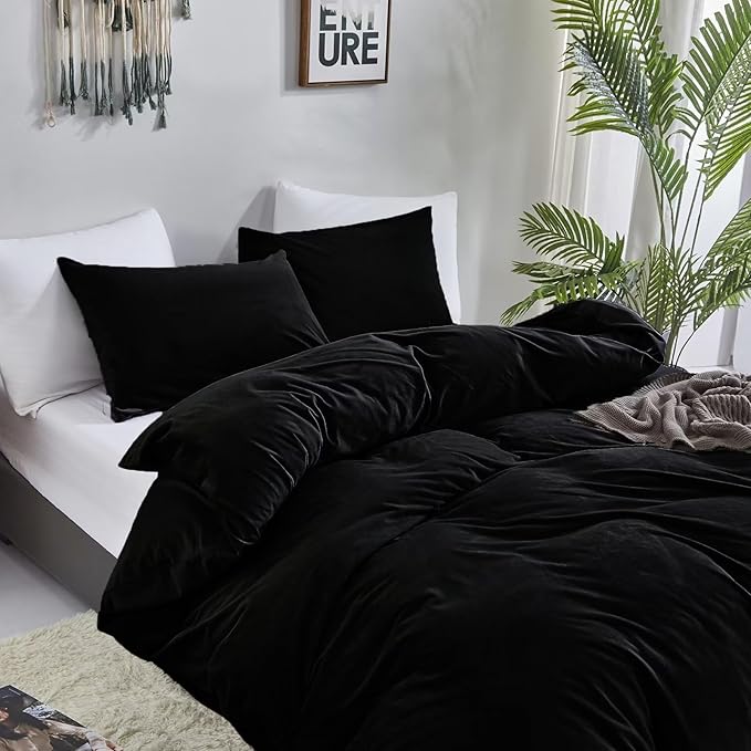 Luxlovery Black Velvet Comforter Set King Men Plush Fluffy Black Bedding Set Dark Color Minimalist Bedding Set Solid Modern Blanket Quilts Winter Warm Flannel Comforter Set for King Bed