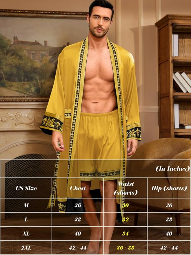ChiaoLezhee Men's Luxury Silky Robe & Shorts Set, 2PC Lightweight Satin Pajamas with Pockets, Opulent Baroque Kimono Gifts