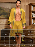 ChiaoLezhee Men's Luxury Silky Robe & Shorts Set, 2PC Lightweight Satin Pajamas with Pockets, Opulent Baroque Kimono Gifts